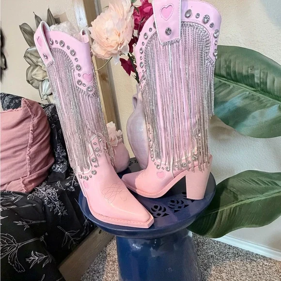 Dolls Kill Pink Western Rhinestone Fringe Boots - Picture 4 of 11